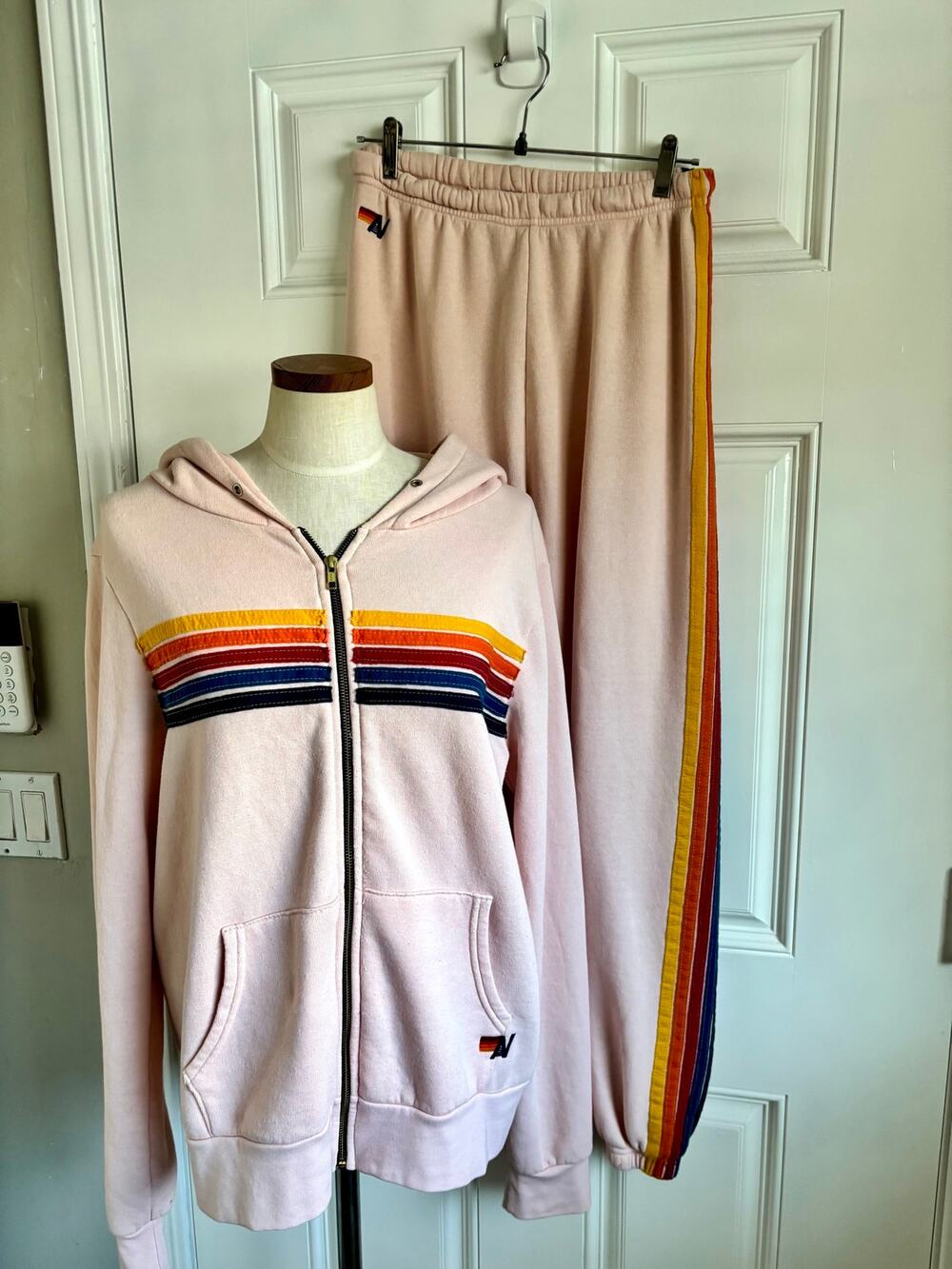 Aviator Nation baby pink 2 piece 5 stripe set - zip up sweatshirt joggers sz L